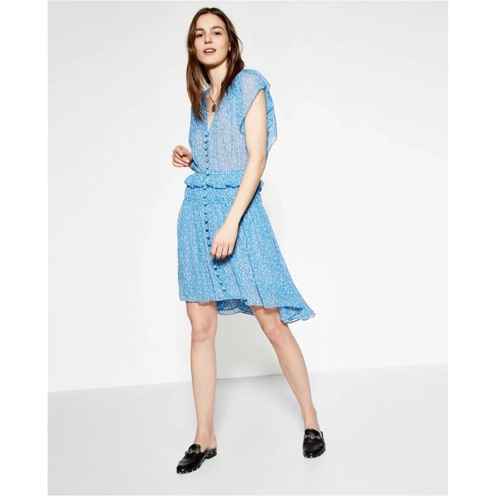The Kooples Blue Lagoon Print Silk Muslin Dress Blue Size Small Cottage Fairy